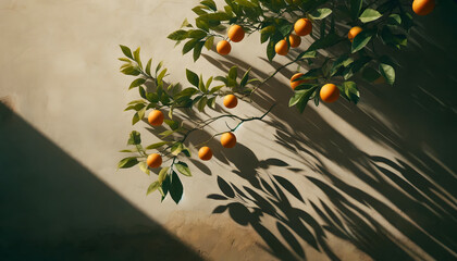branche d'oranger avec des fruits et feuillage devant un mur ensoleillé 