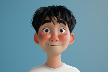 Grownup young teenager man with friendyl face. Cartoon big eyed close up portrait. Animated movie character design. Animation 3d digital art style, realistic light render. 3D illustration.