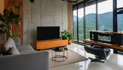 Loft interior design of modern living room, minimalist home with tv.