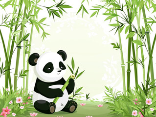 Cute cartoon panda sitting on the ground holding bamboo, surrounded by tall green and dense bamboo with pink flowers in a spring forest background. 