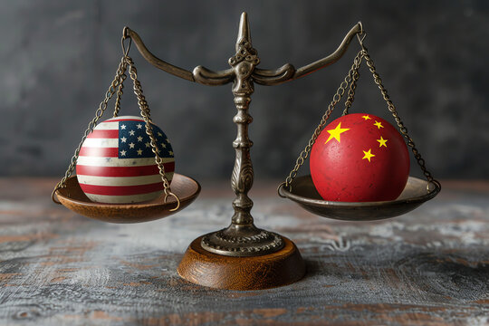 Balance of power between the United States and China represented by scales with national symbols