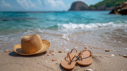 Sandals and Straw Hat on Beach