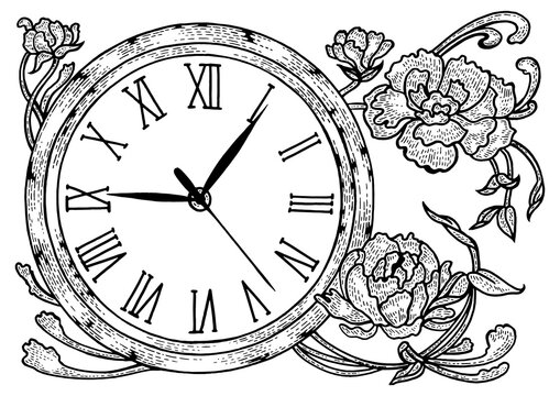 recommend clip art: Vintage clock with flowers sketch engraving PNG illustration. Scratch board style imitation. Hand drawn image.