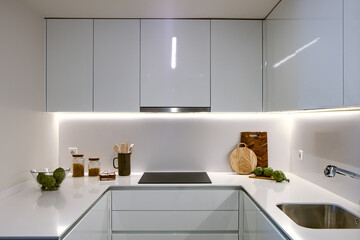 Small modern kitchen with white cabinets, faux stone countertops, integrated appliances, inset single bowl sink and fresh artichokes in a bowl