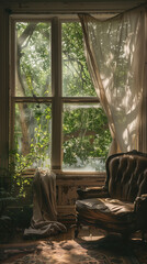 Fototapeta premium a comfortable armchair by the window with white curtains