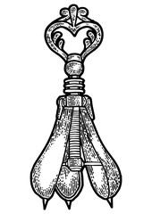 Pear of anguish medieval torture device sketch engraving PNG illustration. Scratch board style imitation. Hand drawn image.