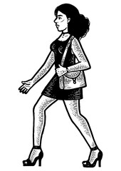 Girl walks in uncomfortable high heeled shoes sketch engraving PNG illustration. Scratch board style imitation. Black and white hand drawn image.