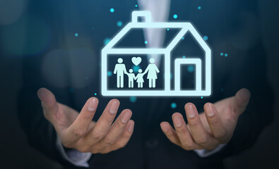 Businessman holding family love care and protect, family mental health, health and house insurance, family life, happy mother father and children, mother day, father day concept