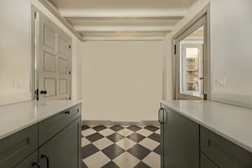 Storage and work area in a kitchen with a checkerboard floor
