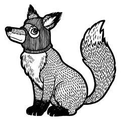 Fox in hat balaclava sketch engraving PNG illustration. Scratch board style imitation. Black and white hand drawn image.