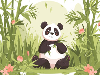 Cute cartoon panda sitting on the ground holding bamboo, surrounded by tall green and dense bamboo with pink flowers in a spring forest background. 
