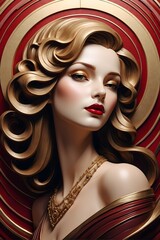 Art Deco - 3D-Relief - Frauenportrait in rot und gold