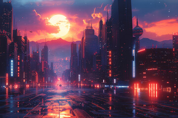 A synthwave cityscape with a large sun in the background