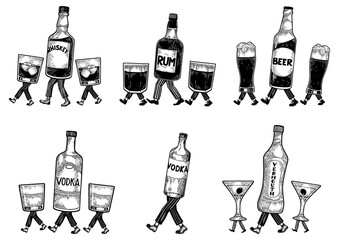 Whiskey beer vodka alcohol vermouth bottle with ice and glasses walks on its feet sketch engraving PNG illustration. Scratch board style imitation. Black and white hand drawn image.