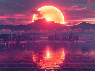 A synthwave cityscape with a large sun in the background