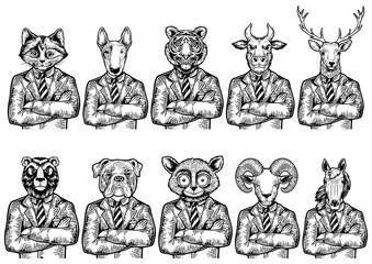 Animal heads businessman sketch engraving PNG illustration. Scratch board style imitation. Black and white hand drawn image.