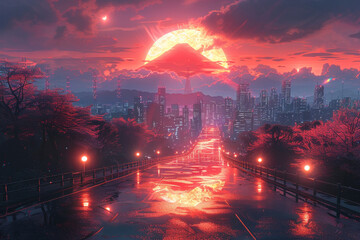 A synthwave cityscape with a large sun in the background