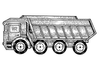 Dump truck lorry machine sketch engraving PNG illustration. Scratch board style imitation. Black and white hand drawn image.