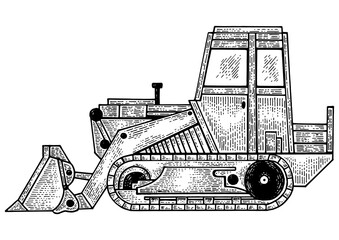Bulldozer machine sketch engraving PNG illustration. Scratch board style imitation. Black and white hand drawn image.