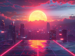 A synthwave cityscape with a large sun in the background