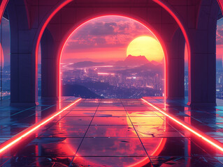 A synthwave cityscape with a large sun in the background