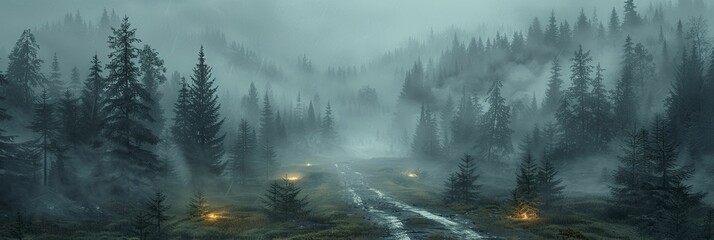 The forest road was cloaked in an eerie mist, illuminated by otherworldly lighting, creating a mysterious and atmospheric scene.