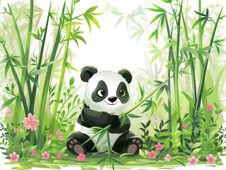Cute cartoon panda sitting on the ground holding bamboo, surrounded by tall green and dense bamboo with pink flowers in a spring forest background. 