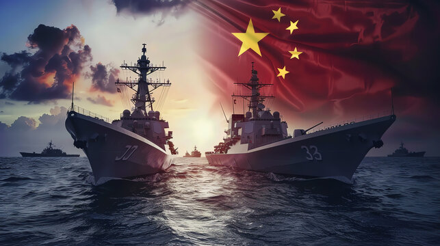 Naval vessels engaged in military exercises against a backdrop of the setting sun and a Chinese flag