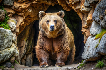 A wild bear is standing in front of a cave, illustration clipart, 1500s, isolated