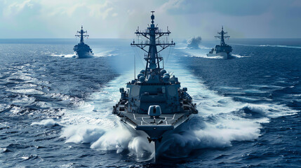 Naval warships maneuvering through ocean waters during a military exercise