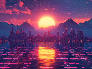 A synthwave cityscape with a large sun in the background