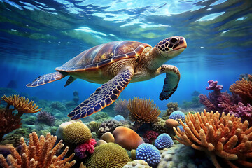 A turtle is swimming in the ocean, illustration clipart, 1500s, isolated with various corals