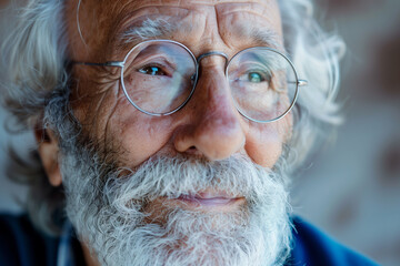 a gray-haired and wise old man with glasses, a close-up portrait