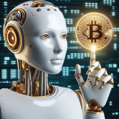 A robot with a human-like index finger touching a Bitcoin coin displays information related to financial development, planning, investing, numbers, graphs and circuit boards.
