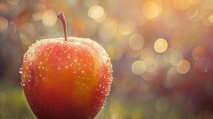Capture the rear view of a vibrant, ripe organic apple, with intricate details like dewdrops on its skin, set against a soft, blurred background for a dreamy, almost surreal effect - obrazy, fototapety, plakaty