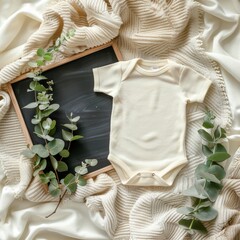 A chalkboard, a onesie, and eucalyptus on a cream-colored blanket.