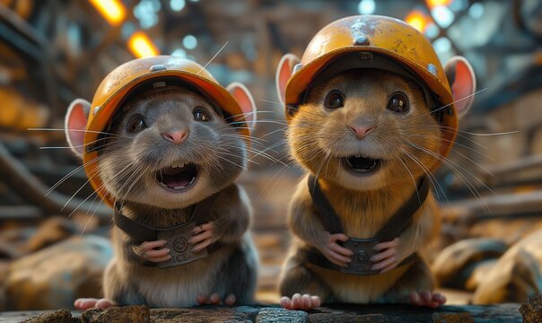 Illustration of mouse workers in hard hats at the facility. - Powered by Adobe