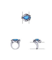 Jewelry design modern art ring set with blue sapphire sketch by hand on paper.