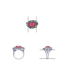 Jewelry design modern art ring set with ruby and fancy sapphire sketch by hand on paper.