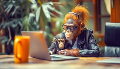 A chimpanzee with her baby sitting at a business table with a laptop. Technology and animal life concept.