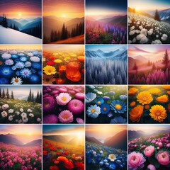 series 12 colorful flower images with a sunset in the background