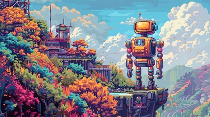A whimsical pixel art scene featuring a robot in a retro-futuristic landscape, combining nostalgia with futuristic elements