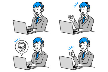 ノートパソコンで仕事をするオペレーターの男性　セット