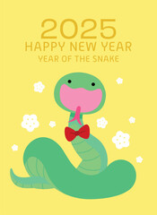 Funny chinese new year of the snake card. Lunar new year 2025 greeting card with plum blossoms pattern.