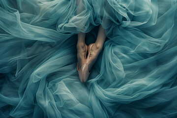 A knolling photography of a ballet dancer's tutu and pointe shoes.