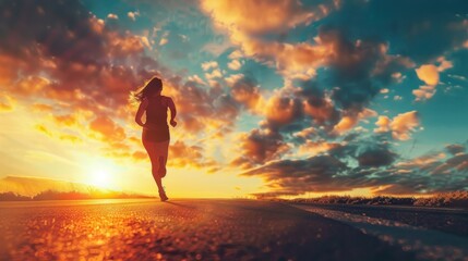 Silhouette of a running woman against a vivid orange sky with puffy clouds, conveying energy and peacefulness during a sunset jog