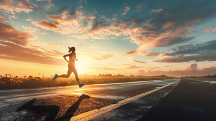 The golden sunrise creates a beautiful backdrop for a woman running on the highway, signaling a fresh start