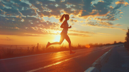 An individual jogger is captured in stride against a beautiful coastal sunset, the road ahead framed by the golden light and serene ocean horizon