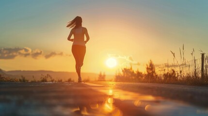 A female runner with her back to the viewer jogs away into the fading light of a spectacular golden sky, portraying an atmosphere of determination