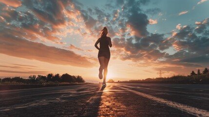 The striking image of a lone runner on an open road against a dramatic sunset sky symbolizes dedication and solitude